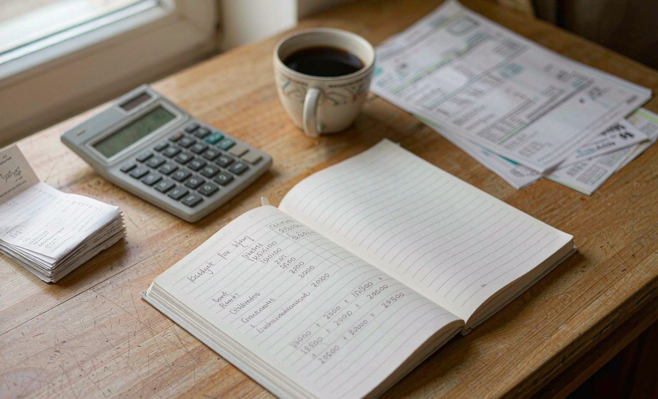 A notebook, calculator and printed receipts laid out on a wooden desk