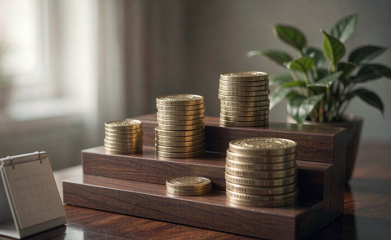 Three wooden steps on a desk beside a stack of coins and a small calendar