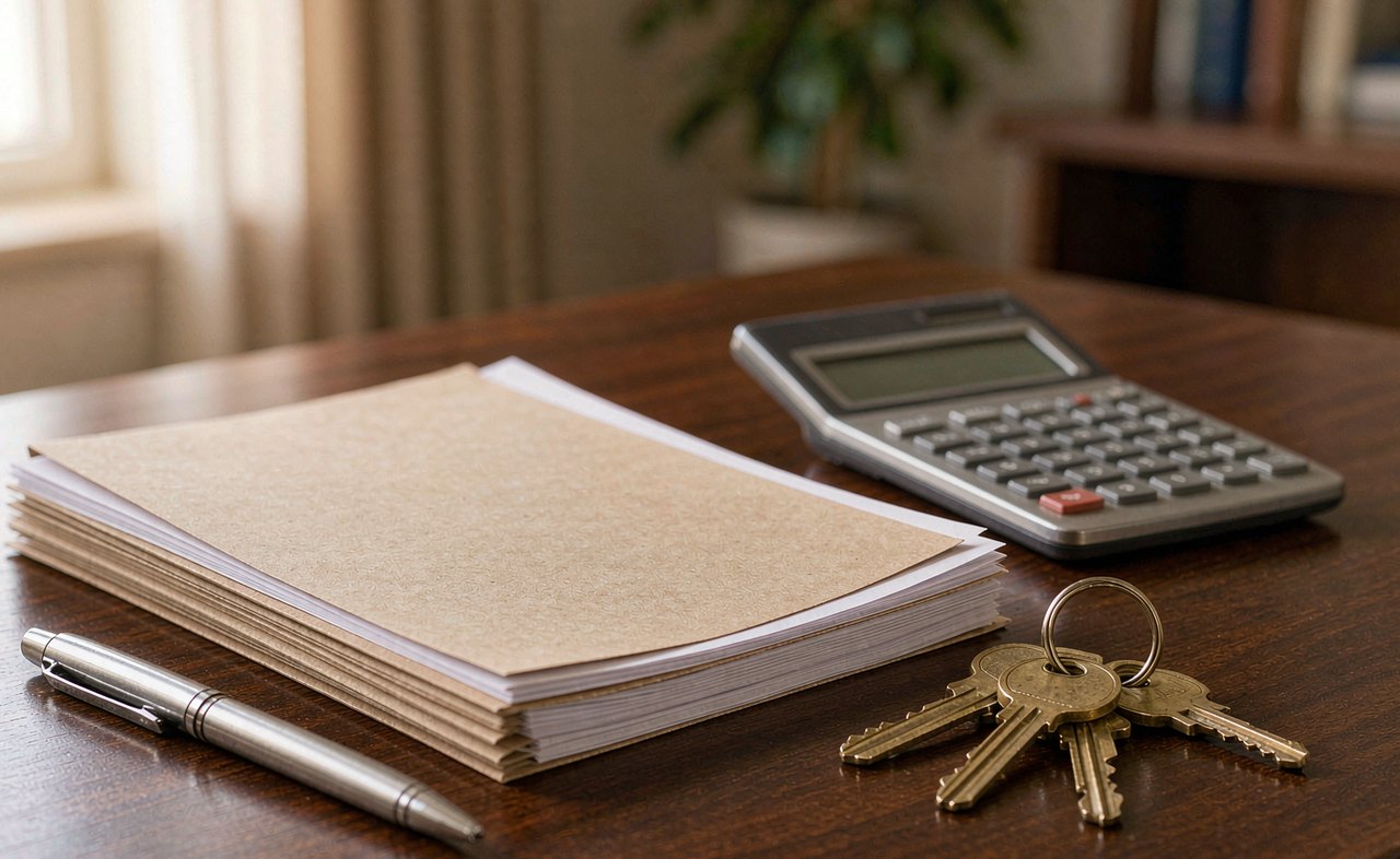 A stack of closing documents, house keys and a pen on a wooden table