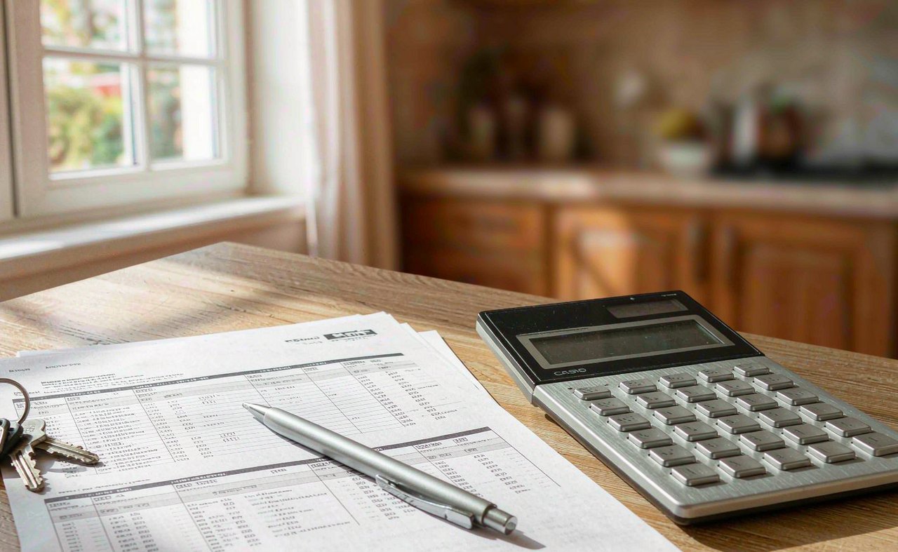 A credit report printout beside a calculator and house keys on a kitchen table