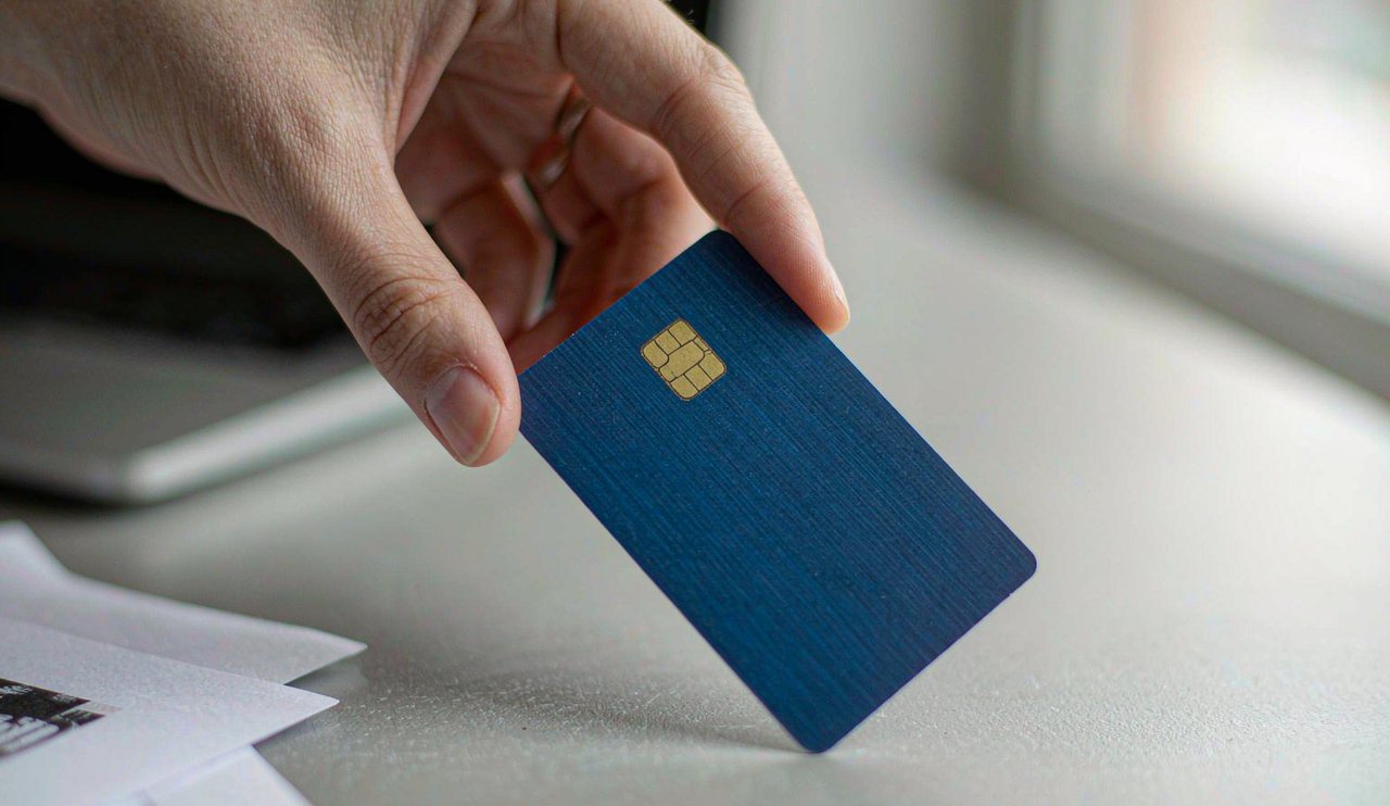 A close-up of a hand holding a plain blue credit card above a desk with papers and a laptop
