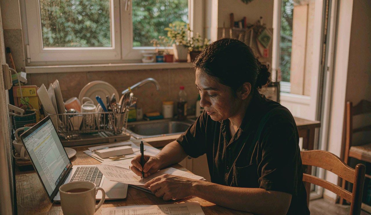 A person comparing printed statements and a payment plan spreadsheet at a kitchen table in the evening