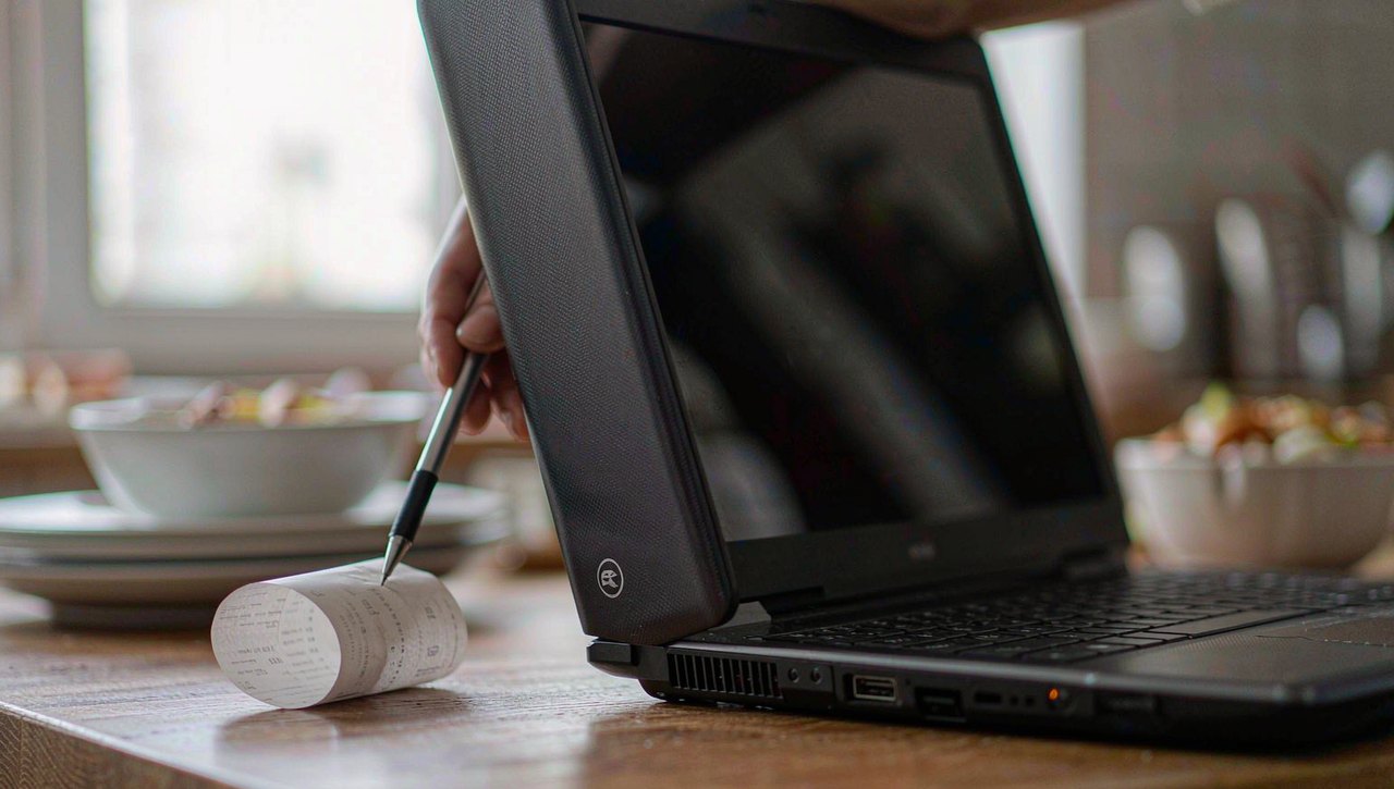 A laptop on a kitchen table beside a paper receipt and a hand holding a pen, a deciding moment in soft natural daylight