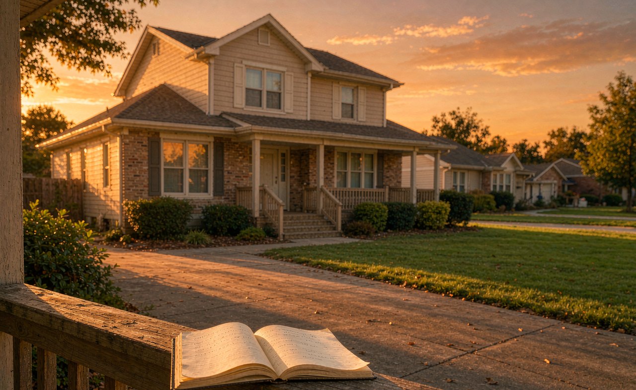 A house exterior at golden hour with an open notebook showing a payment schedule