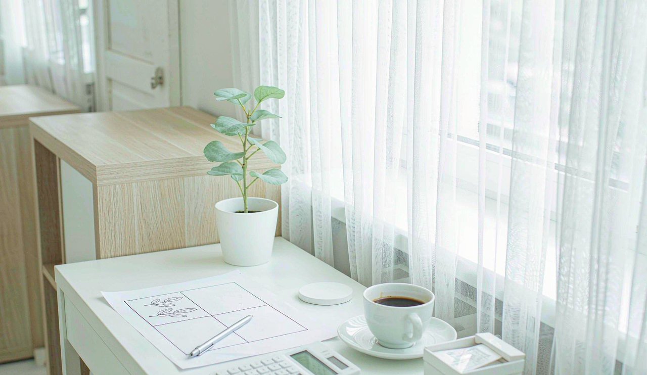 A bright, tidy desk with a notebook, calculator and houseplant in soft morning light