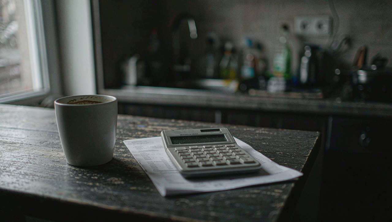 A credit card statement and a calculator on a kitchen table beside a half-empty coffee cup, moody natural light, realistic photo style