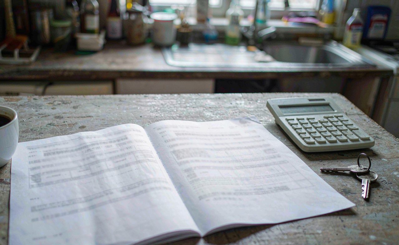 A car insurance policy document on a kitchen table next to a calculator and car keys
