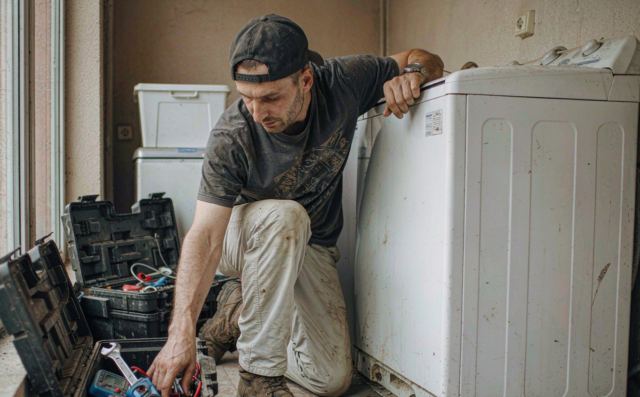 An appliance repair technician kneeling beside a washing machine with an open toolbox