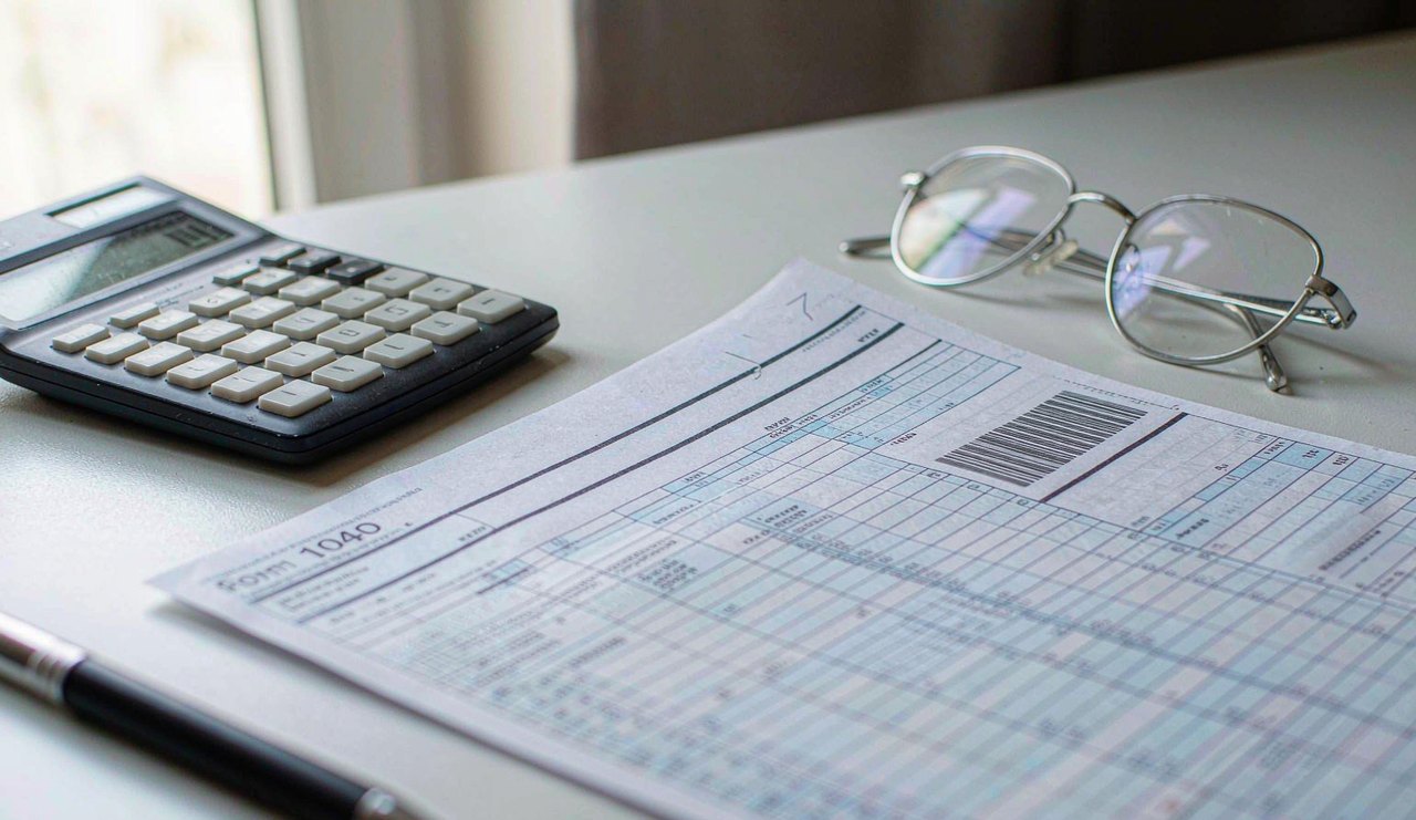A printed tax form with a calculator and pen on a clean white desk