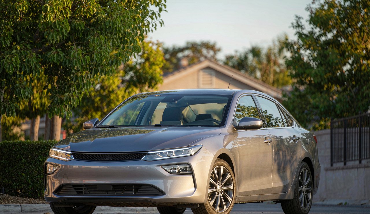 A clean used sedan parked on a residential street in late afternoon light